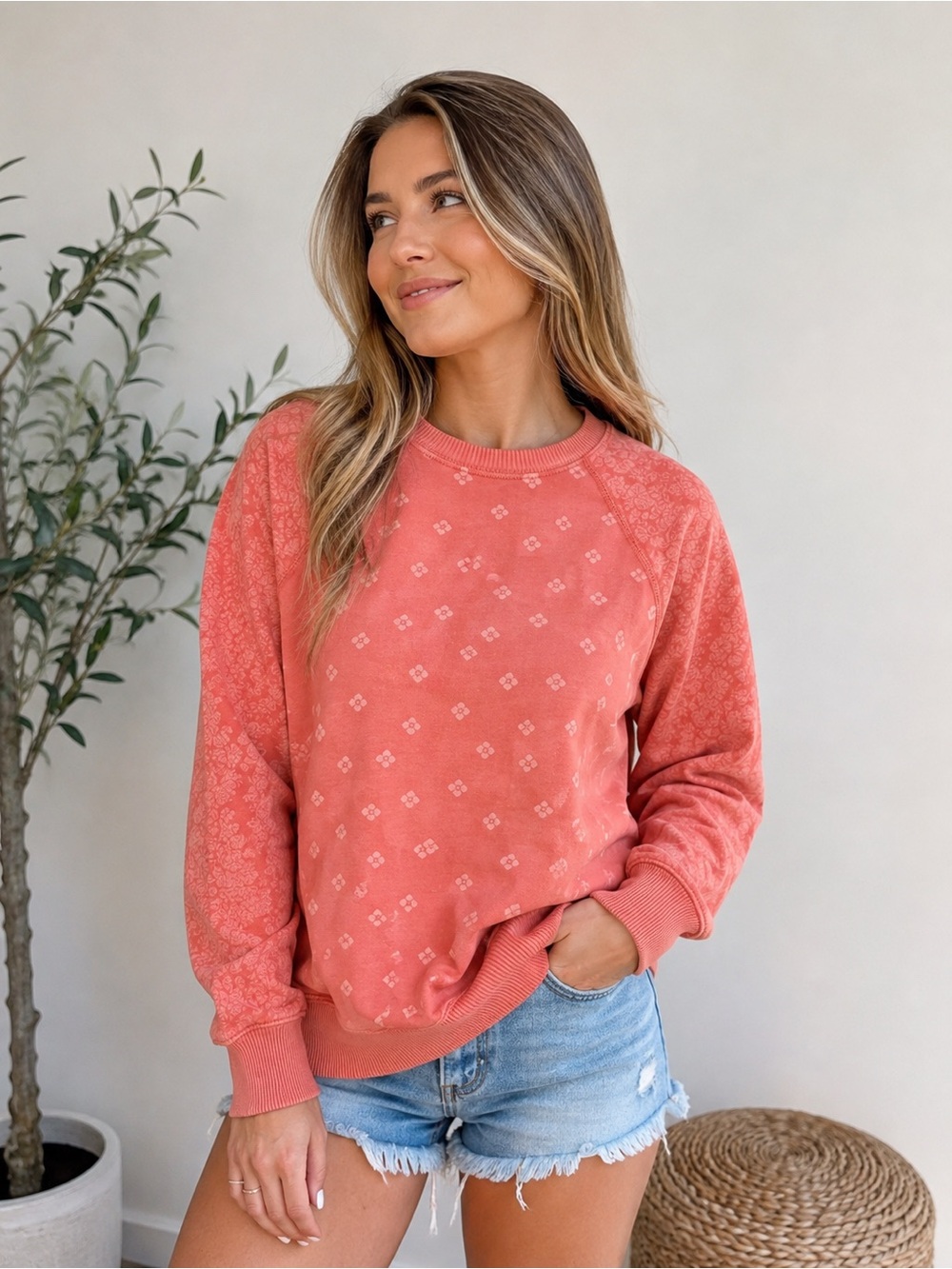 aerie Coral Patterned Crewneck Sweatshirt